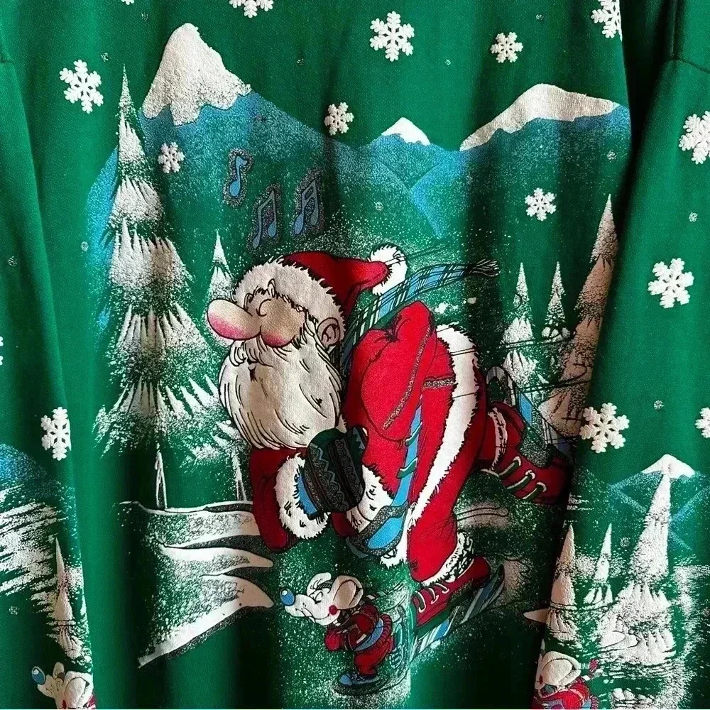 Vintage 90s puffy paint skiing Santa Christmas pullover size 22W - Picture 3 of 7